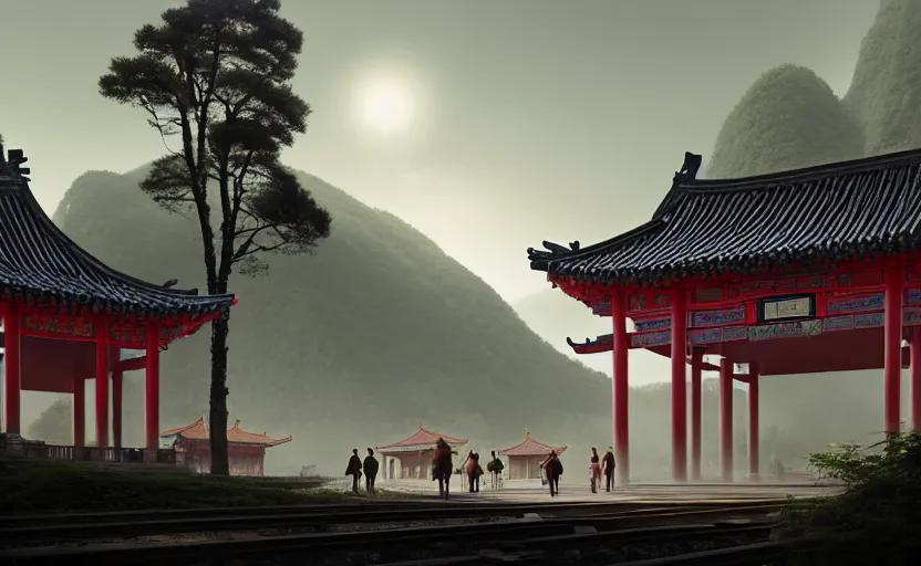 Prompt: exterior shot of utopian train station on in the middle of an ancient chinese temple hill with cinematic lighting by peter zumthor and renzo piano, darek zabrocki and greg ruthkowski, simon stalenhag, cinematic, holy place, paradise, scifi, futurism, atmospheric, concept art, artstation, trending on artstation