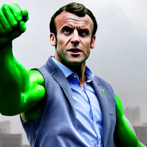 Prompt: emmanuel macron as the hulk, superhero movie still, 4 k