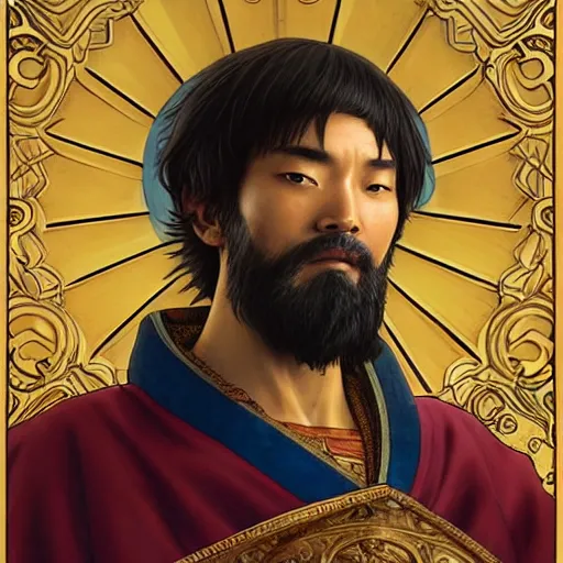 Prompt: highly detailed vfx portrait of marco polo ( from honor of kings ) by eiichiro oda, makoto shinkai, alphonse mucha, sharp focus, art by artgerm and greg rutkowski!, backlit, harsh overhead sunlight, blue eyes!!, aquiline nose!!, stanley kybric, kaoru mori, detailed,