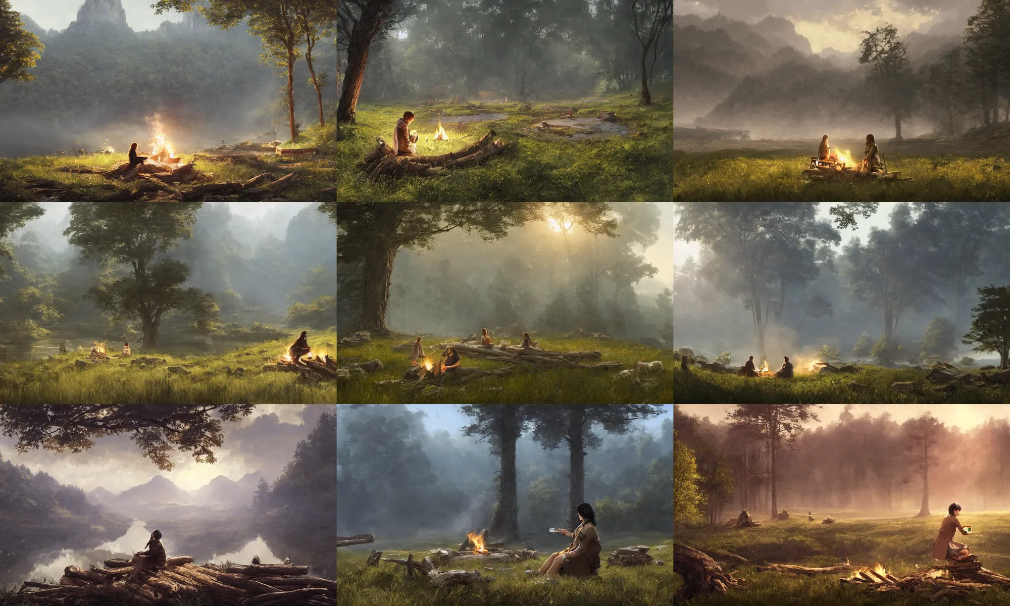 Prompt: A panoramic photograph of a girl with short black hair in a tan tenchcoat sitting on a log and drinking tea by the campfire at night in a grove, large landscape with a village in the valley, ray tracing final fantasy cinematic trailer, Jakub Rozalski