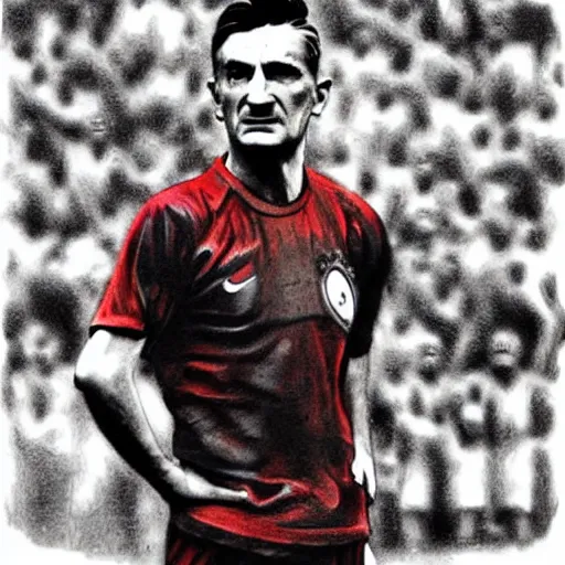 Prompt: Fritz Walter standing above Kaiserslautern as a football god, digital art, colored, highly detailed