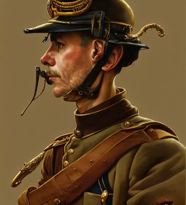 Image similar to portrait of a man wearing a traditional nineteenth century french foreign legion uniform, kepi hat, metal shoulder pauldrons, intricate, highly detailed, digital painting, artstation, concept art, sharp focus, cinematic lighting, illustration, art by artgerm and greg rutkowski, alphonse mucha, cgsociety