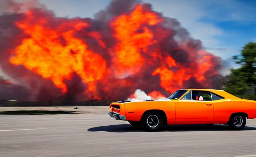 Image similar to a orange 1 9 7 0 plymouth road runner superbird driving high speed, fire explosion in the background, action scen. blue sky realistic. high resolution. dramatic