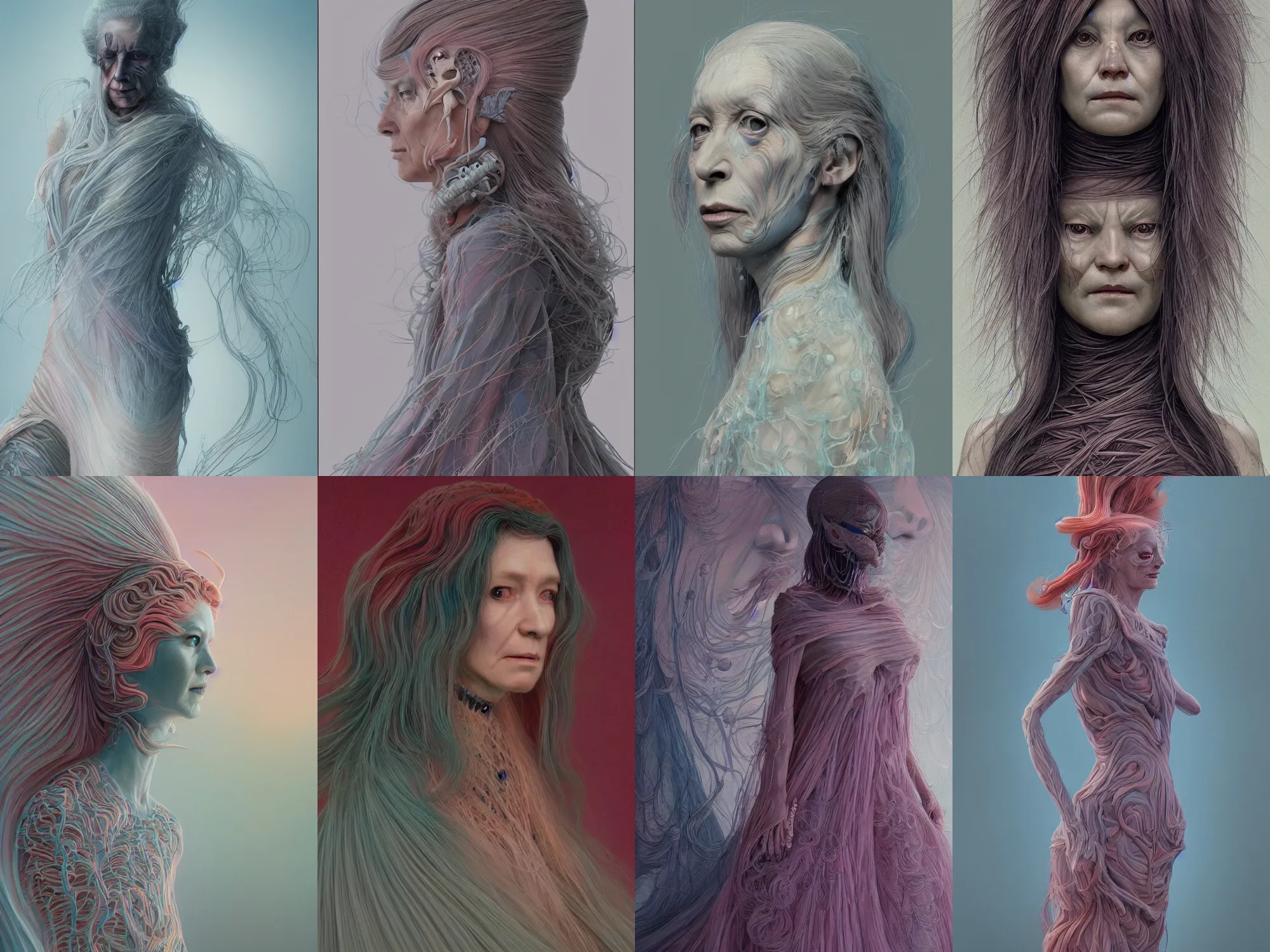 Prompt: a portrait of a the gradient lady in a dress with long hairs, art by James Jean and Wayne Barlowe, high detail, cinematic, cgsociety 8k