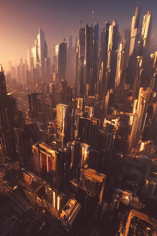 Image similar to cyberpunk cityscape with tall buildings at dusk golden hour orange cinematic lighting, epic composition. A golden daylight, hyper-realistic environment. Hyper and intricate detail, photo-realistic. Cinematic and volumetric light. Epic concept art. Octane render and Unreal Engine, trending on artstation