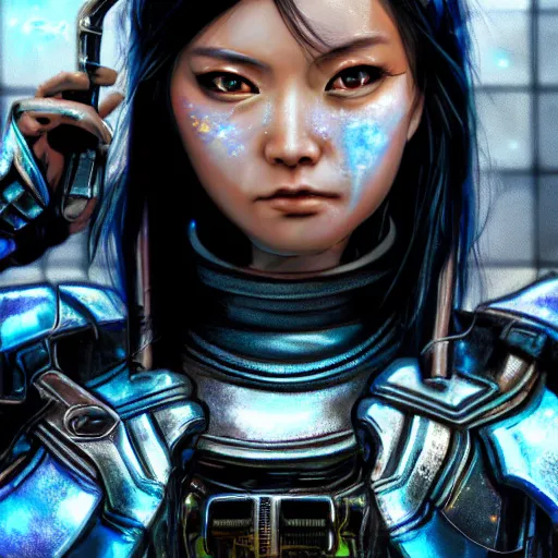 Image similar to An epic fantastic ultrarealism comic book style portrait painting of a female cyberpunk armor samurai, tzuyu ultradetailed face by Artgerm, blue and ice silver color armor, cyberpunk feel raining at tokyo rooftop, Concept world Art, unreal 5, DAZ, 8k, hyperrealistic, octane render, cosplay, RPG portrait, final fantasy artwork concept, dramatic lighting, rim lights