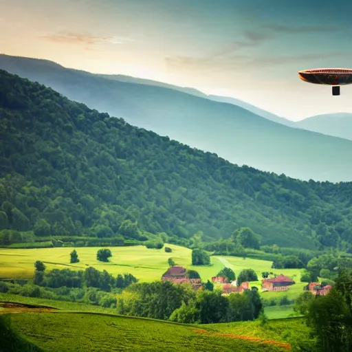 Prompt: Vast verdant valley surrounded by Transylvanian mountains, with a large zeppelin hovering in the foreground, and a ruined medieval castle on the hillside in the background. Late evening light in the summer, gloomy weather. Hyperrealistic, high quality, sharp, photography.