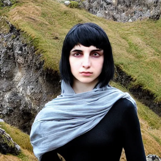 Image similar to 1 7 - year - old pale - skinned persian girl with black long bob cut, long bangs, black gothic jacket, black jeans, psychic girl, standing on cliff along the irish coast, overcast gray skies, ultra - realistic, sharp details, cold lighting, blue and gray colors, intricate details, art by william - adolphe bouguereau