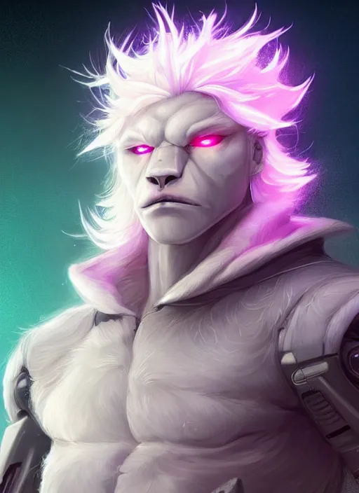 Image similar to esthetic portrait commission of a of a male muscular cyborg anthro albino lion with a neon metal tail and a cute beautiful attractive detailed furry face wearing stylish cyberpunk unkempt wired clothes in a cyberpunk city at sunset while it rains heavily. Character design by charlie bowater, ross tran, artgerm, and makoto shinkai, detailed, inked, western comic book art, 2021 award winning painting