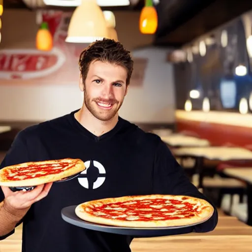 Image similar to a hockey player in a pizza restaurant