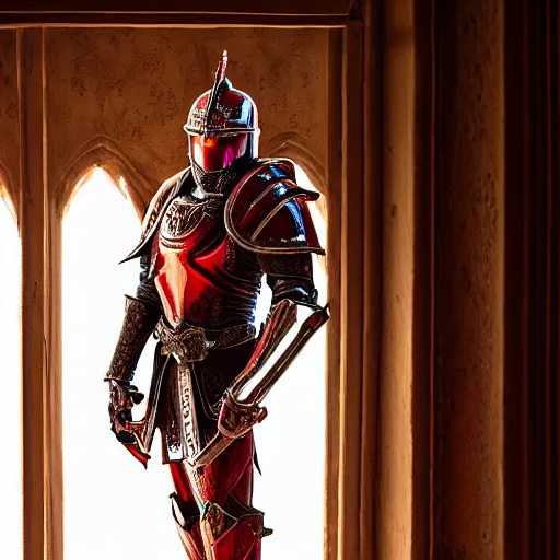 Image similar to evil knight, glowing halo, fantasy paladin, intricate red legendary armor, located in a castle, morning sunlight through the window, decorated, high quality, highly detailed, 4 k