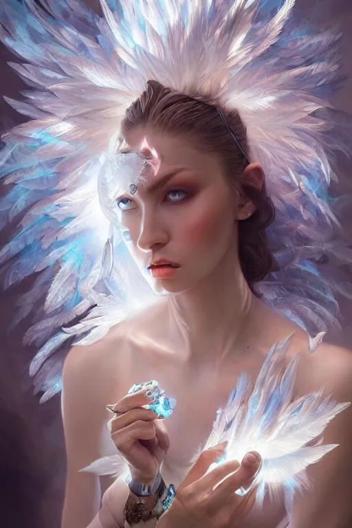 Prompt: beautiful model wearing crystal white feathers, blue magic, diamonds, angel, fantasy, dramatic lighting, highly detailed, digital painting, holding electricity, magic the gathering, hyper detailed, 3 d render, hyper realistic detailed portrait, peter mohrbacher, wlop, ruan jia