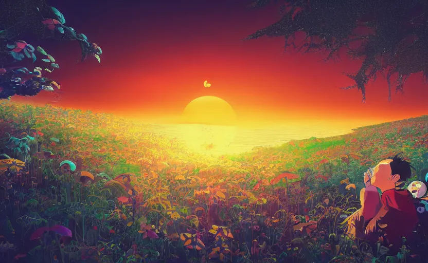 Image similar to beautiful sunset album cover, cartoon digital painting, detailed, beautiful brush stroke rendering, by beeple, by hayao miyazaki, by takashi murakami, by masahiro ito, 4 k wallpaper