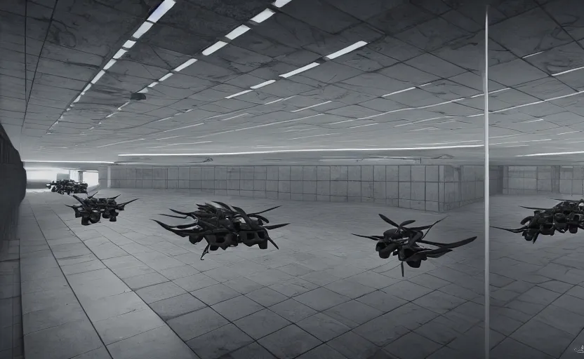 Prompt: Black brutalist quadcopters swarm the wide hallways in a futuristic prison underground with brutalist architecture, staff can be seen carrying black duffel bags, sigma 85mm f/1.4, 4k, unreal engine, concept art, trending on artstation, depth of field, high resolution, 4k, 8k, hd, full color