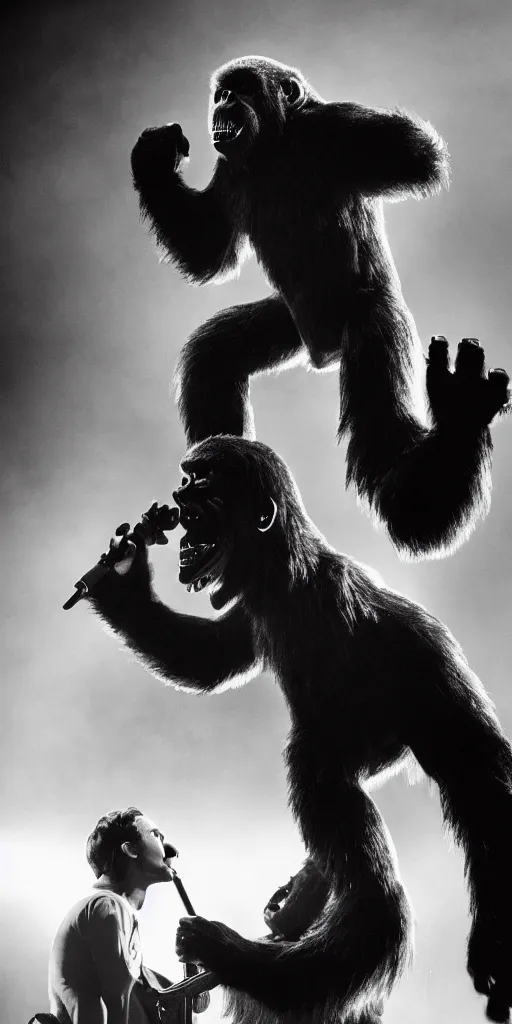 Prompt: King Kong performs with Arctic Monkeys, professional photo