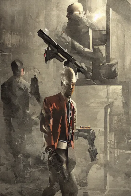 Prompt: an intricate and expressive full body portrait of agent 4 7 from hitman in a hallway full of guns, dark background, red rim light, highly detailed, digital art, artstation, concept art by giger stalenhag
