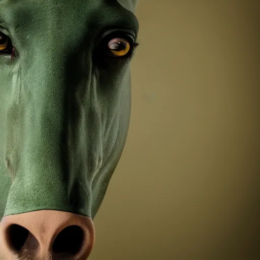 Image similar to green muscular being with no nose bald has big eyes small pupils riding a horse that is humanoid, photograph studio lighting portrait photography 8 k