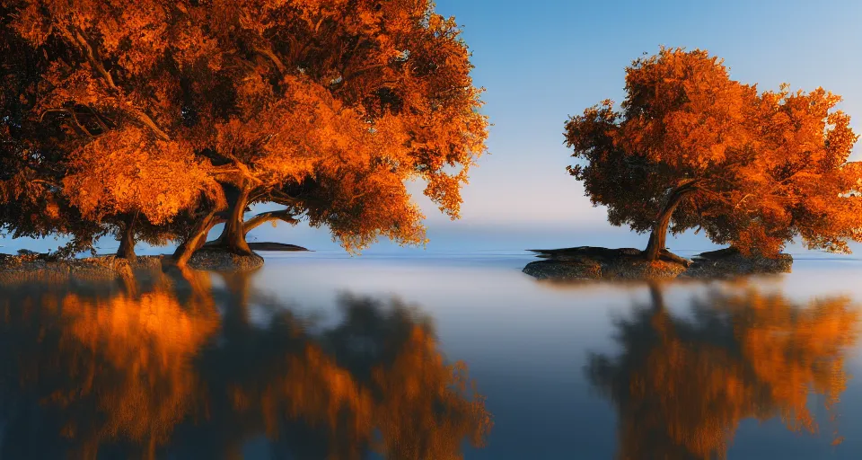 Image similar to a beautiful landscape painting of a tree on an island in a tranquil sea, reflections, night time, long exposure, hyper detailed, digital art, trending in artstation, cinematic lighting, studio quality, smooth render, unreal engine 5 rendered, octane rendered, art style by kurzgesagt and nixeu and ian sprigger and wlop and krenz cushart