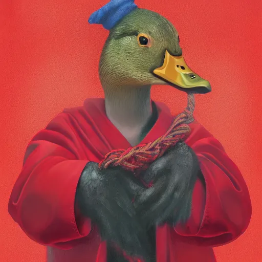 Image similar to portrait of cute mallard duck, wearing cultist red robe, noose around neck, doing witchcraft, expressive oil painting, digital art, octane render