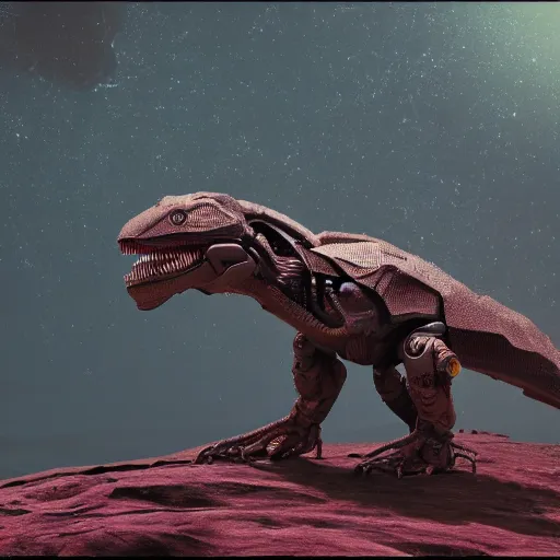 Image similar to still of a cyborg T-Rex on an alien planet, ruby eyes, robotic extended arms, 4k, film grain, 85mm