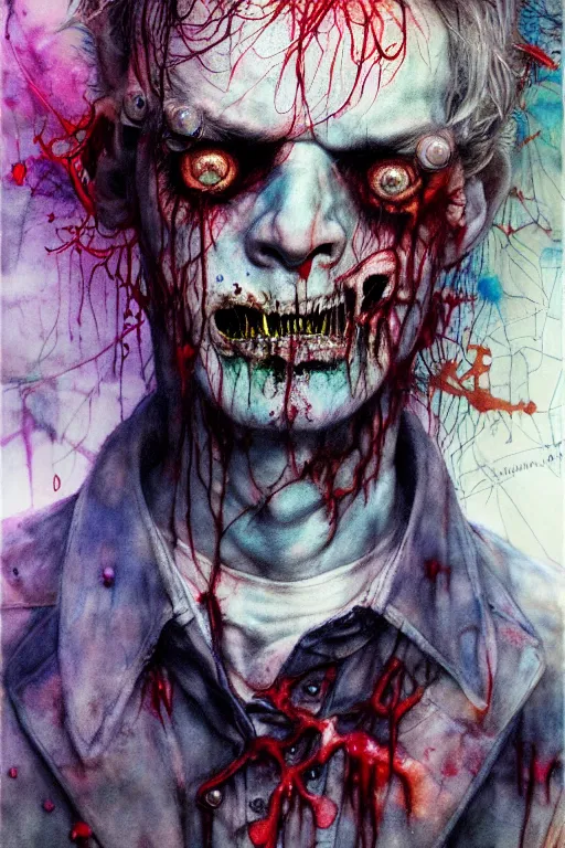 Image similar to zombie cop by agnes cecile, enki bilal, brian froud, bernie wrightson, intricated details, 3 / 4 view, full body portrait, extremely luminous bright design, horror, pastel colours, toxic drips, autumn lights