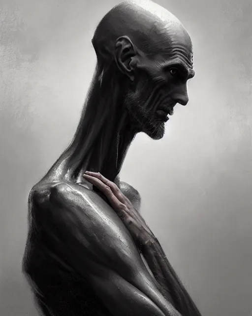 Image similar to epic portrait cinematic shot an skinny tall creature with long arms, long neck, bald, covered in dark substance, fine details. night setting. realistic shaded lighting poster by craig mullism, artgerm, jeremy lipkin and michael garmash, unreal engine, radiant light, detailed and intricate environment, digital art, trending on art station,