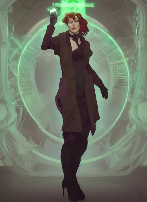 Prompt: a full body character design by artgerm, cushart krenz, greg rutkowski and alphonse mucha. mad scientist woman lab coat!! green plasma laser gun!! bold outline sharp edges. ultra clear detailed. 8 k. ultra detailed, elegant, intricate, octane render.