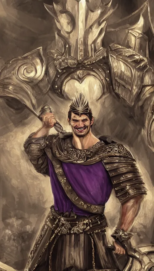 Prompt: david gandy, charming, in a town hall, rich viscount, laughing, fit, cunning, gold and purple, warhammer, lord of the rings, sweaty, intricate, highly detailed, digital painting, artstation, concept art, smooth, sharp focus, illustration, unreal engine 5, 8 k, art by artgerm and greg rutkowski and alphonse mucha