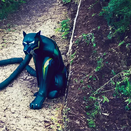 Image similar to nature photography picture of blue and black panther. blood drips from its mouth. a robot lays in a ditch in the background.