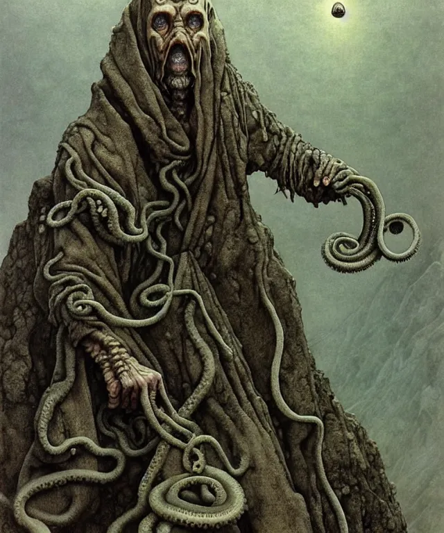 Image similar to A detailed gray-eyed tentacleheaded human stands among the mountains with a pebble in hands. Wearing a ripped mantle, robe. Extremely high details, realistic, fantasy art, solo, masterpiece, art by Zdzisław Beksiński, Arthur Rackham, Dariusz Zawadzki