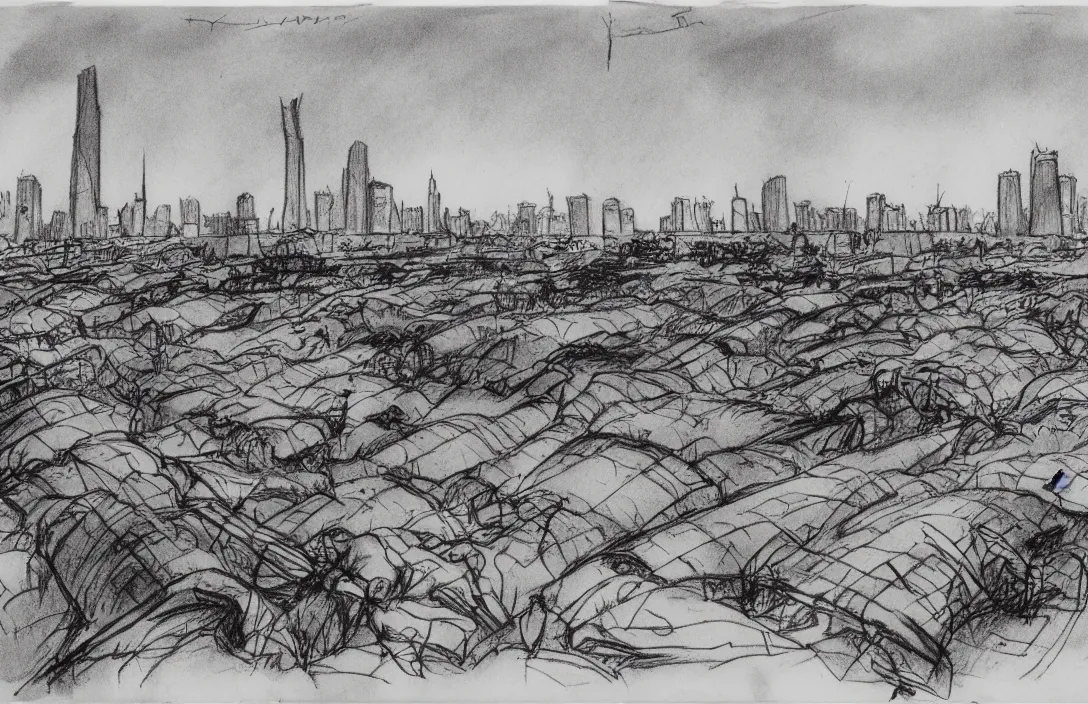 Image similar to milt kahl sketch of world war 1 trenches with the city of miami in the background