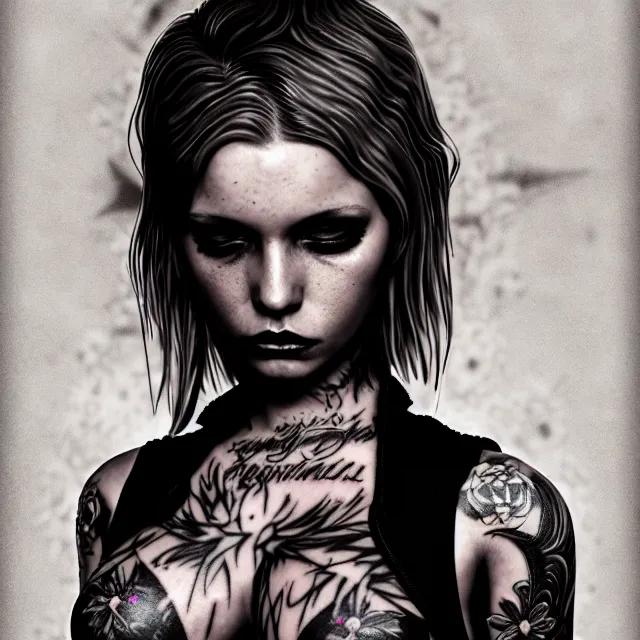 Prompt: full body pose, beautiful adult punk fairy, dirty, grungy, grunge, tattoos, piercings, combat boots, highly detailed, 4 k, hdr, smooth, sharp focus, high resolution, award - winning photo, artgerm, photorealistic