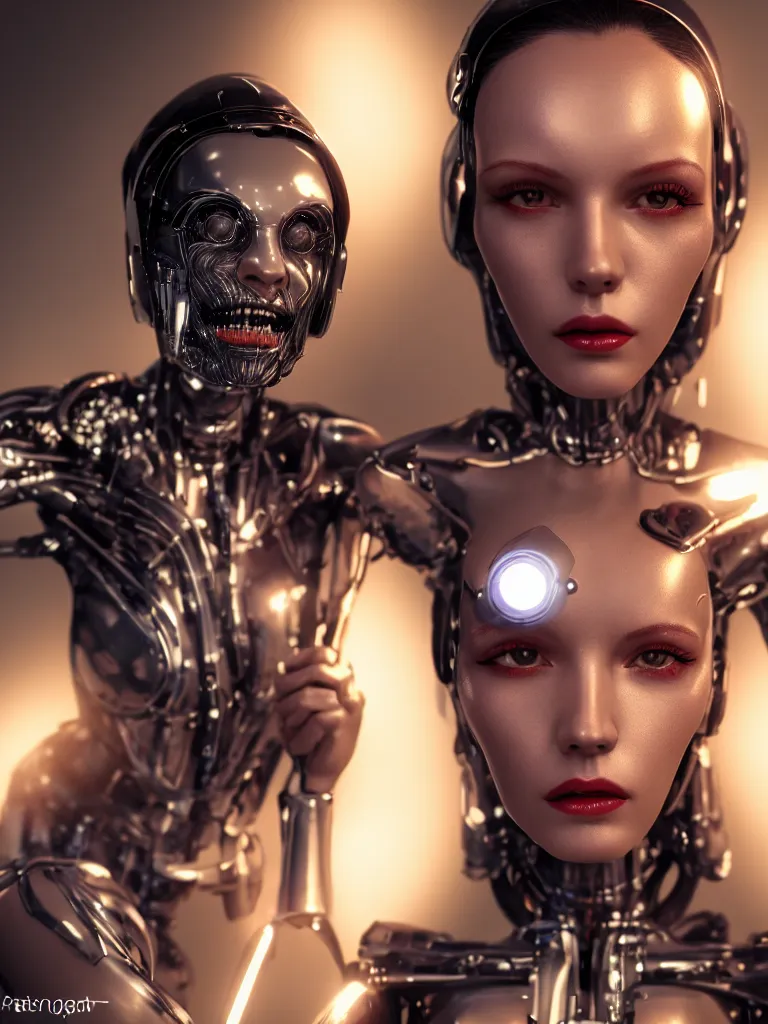 Image similar to cinematic, portrait photography, portrait face, a beautiful betty page cyborg, perfect chromium and porcelain bionic body, ui data displays, hud interface, hajime sorayama, h. r. giger, octane rendered, 4 k, lens flare,