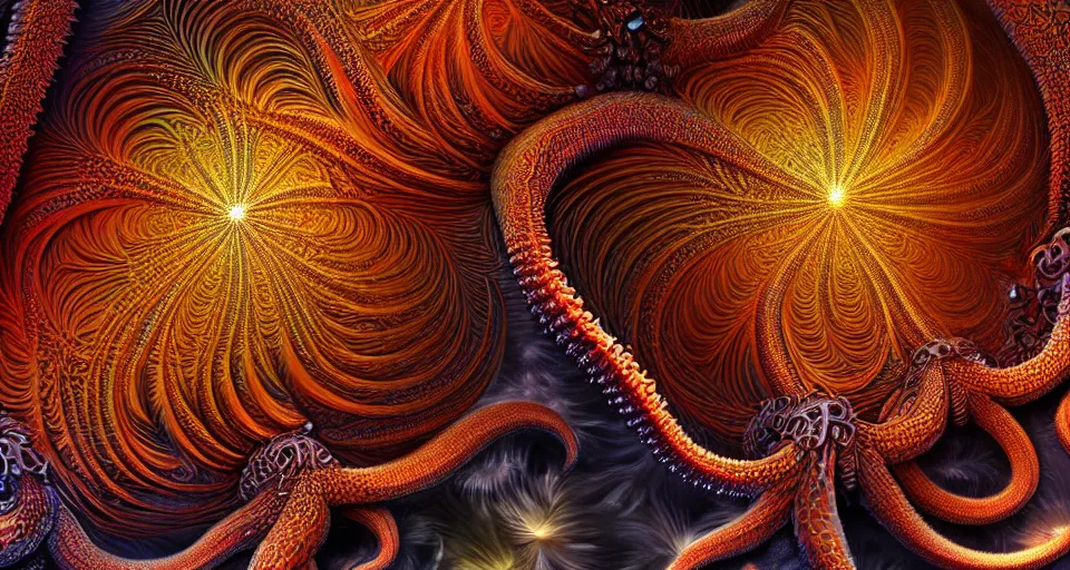 Image similar to Close up of intricate Vladimir Kush mandelbulb fractal, made of fireworks and octopus, ultra detailed, fractal art, cgsociety, artstation