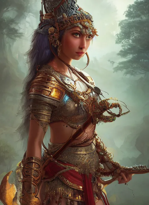 Image similar to Beautiful art portrait of a female fantasy godess warrior in a bright temple surrounded by lush forest, atmospheric lighting, intricate detail, cgsociety, hyperrealistic, octane render, RPG portrait, ambient light, dynamic lighting