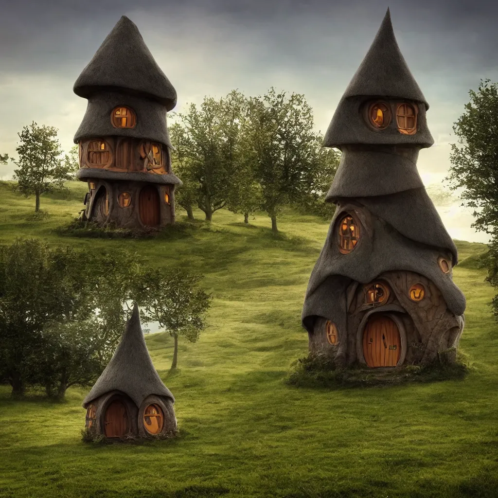 Prompt: a lone techno hobbit house at the top of a tower in the middle of a field, dramatic lighting, award winning, in the style of callebaut, vincent