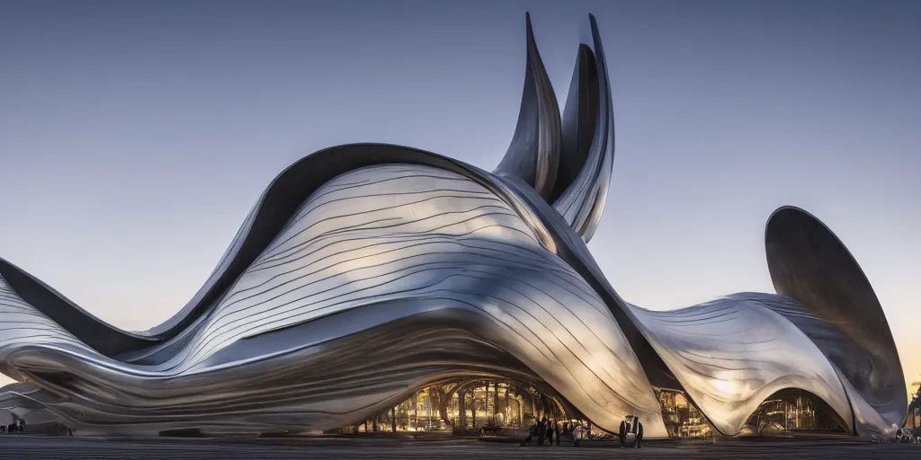 Image similar to extremely detailed ornate stunning sophisticated beautiful elegant futuristic museum exterior by Zaha Hadid, Milan buildings in the background, smooth curvilinear design, stunning volumetric light, stainless steal, concrete, translucent material, beautiful sunset, tail lights