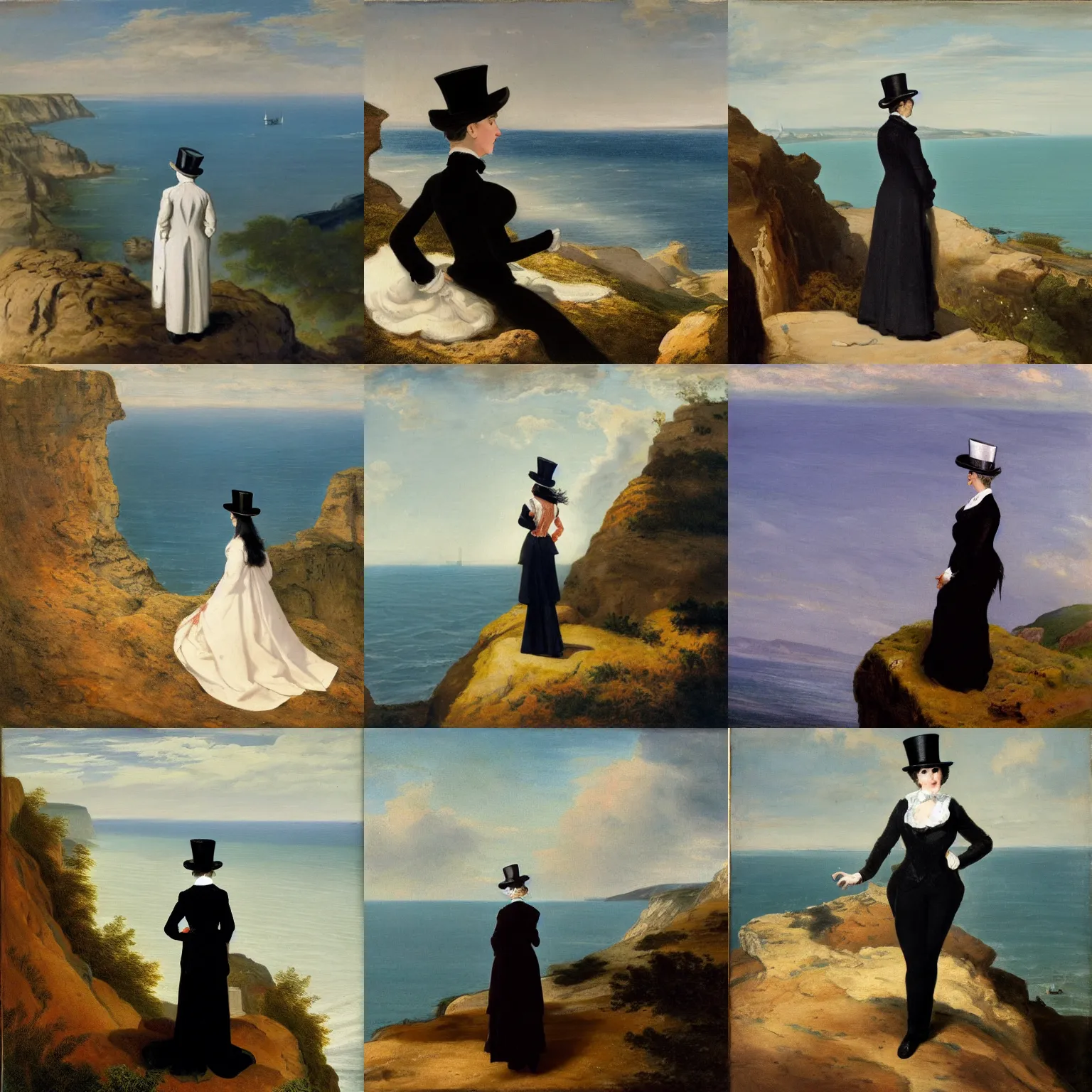 Prompt: a woman wearing top hat and silk tailcoat, looking at the horizon from the top of a cliff, painting