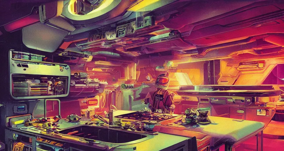 Prompt: IKEA catalogue photo of a cyberpunk kitchen on a spaceship, by Paul Lehr