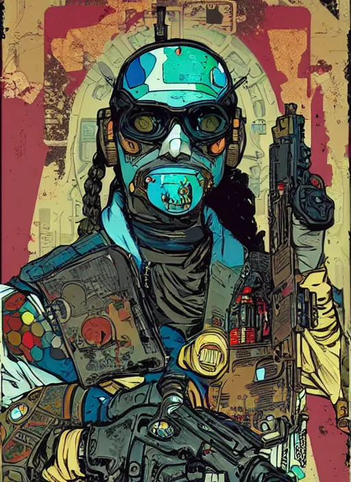 Prompt: cyberpunk mercenary portrait illustration, pop art, splash painting, art by geof darrow, ashley wood, alphonse mucha, makoto shinkai