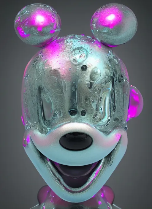 Image similar to mickey mouse head, fractal, broken, wet, mycelium, radiant alien, rococo, baroque, automotive, bio-mechanical, porcelain, iridescent sub surface scattering, octane render