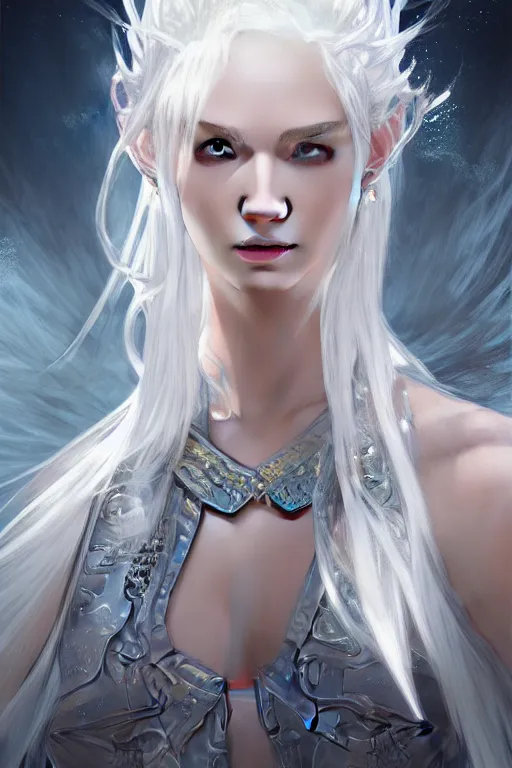 Image similar to portrait white hair knights of zodiac girl, sliver ice color reflected armor, in ruined agora of athens sunrise, ssci - fi and fantasy, intricate and very very beautiful and elegant, highly detailed, digital painting, artstation, concept art, smooth and sharp focus, illustration, art by tian zi and wlop and alphonse mucha