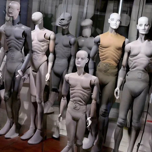 Prompt: a room full of will smith mannequins