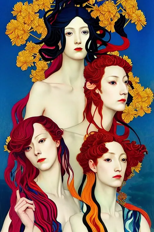 Image similar to 3 Summer Deities, (representing the 3 months June, July, and August), in a style blending Æon Flux, Peter Chung, Shepard Fairey, Botticelli, Ivan Bolivian, and John Singer Sargent, inspired by pre-raphaelite paintings, shoujo manga, and cool Japanese street fashion, dramatically lush flora and fauna, warm vivid high contrast color scheme, hyper detailed, super fine inking lines, ethereal and otherworldly, 4K extremely photorealistic, Arnold render