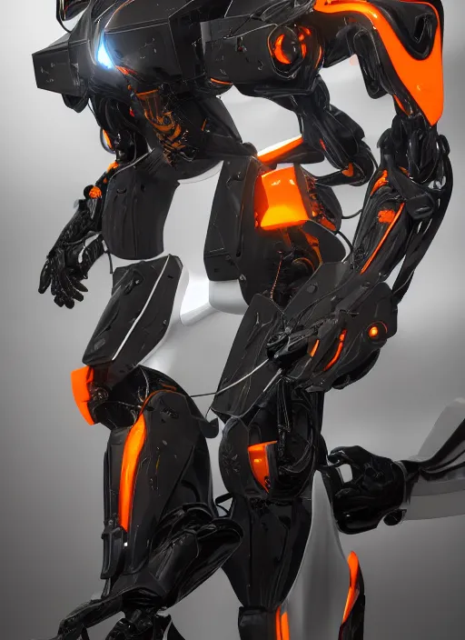 Image similar to a Photorealistic dramatic hyperrealistic full frame render of a Sleek futuristic exosuit Freedom Formula Racing Mech,Ultra realistic details,glossy white metal,Orange racing stripes,weathered surfaces,by Hidetaka Tenjin,Yoh Yoshinori,Yoji Shinkawa,Masamune Shirow,Beautiful dramatic dark moody tones and lighting,cinematic atmosphere,studio lighting,shadows,dark background, Octane render,8K