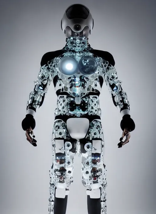 Prompt: Close upper body shot. Artistically angled subject. Professional studio portrait lighting. Technological male fashion photography. Mechanical cybernetic suit designed by Ikeuchi Hiroto. Wearable design. Hydraulics. Reflective domes. Intricate tech. Formfitting. Bulky wearables. Receiver Antennae.