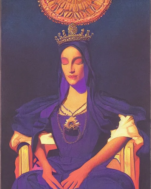 Prompt: an illustration of a queen on a throne at night by johann heinrich fussli, by nicholas roerich, by georgia o keeffe, realistic, detailed, oil painting, 1 9 th