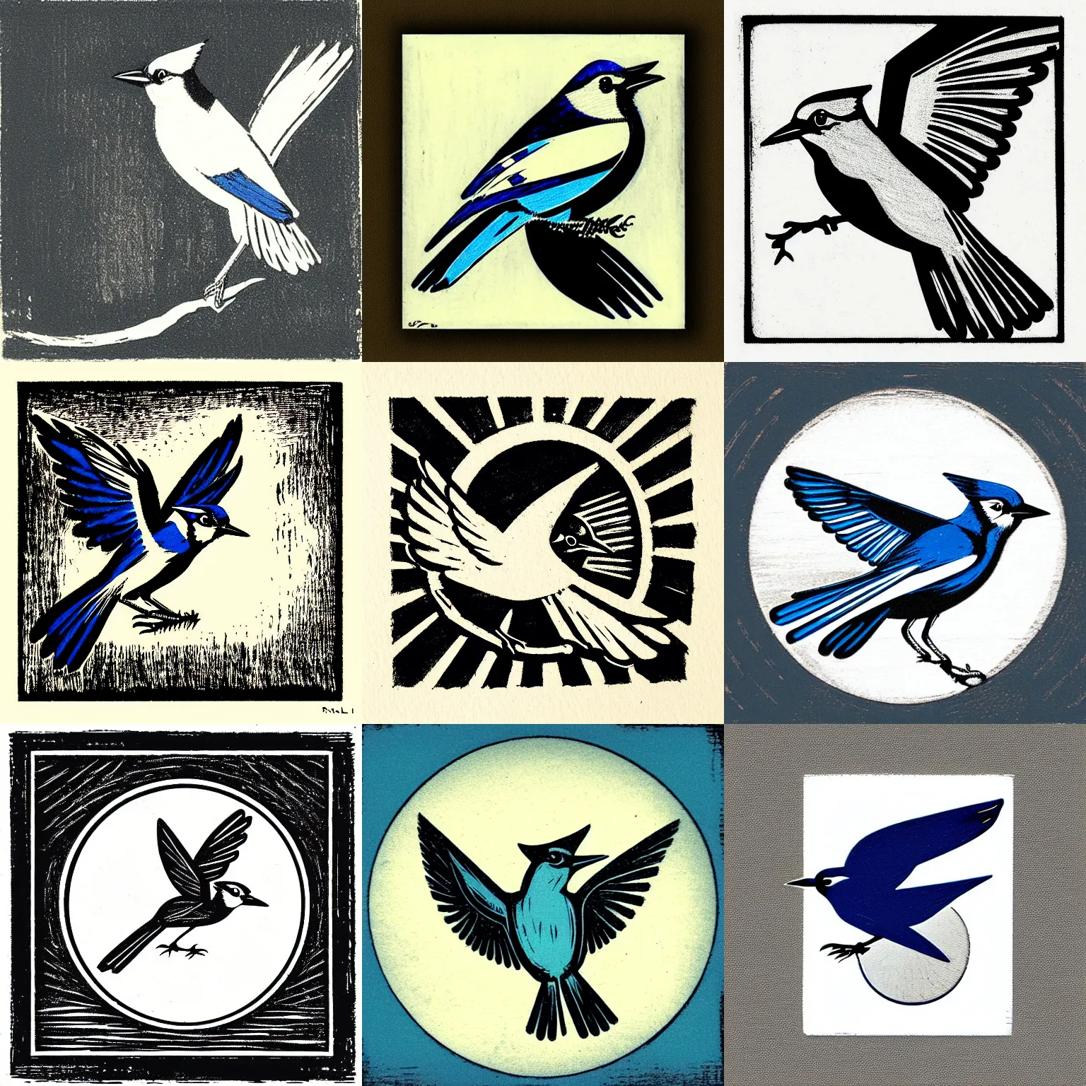 Prompt: tonalist woodcut of flying bluejay, corporate logo, icon, rondel, monochromatic