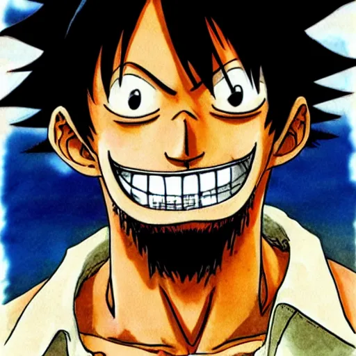 Image similar to [ luffy with mustache ] ( by kim jung gi ) ( by george morikawa ) ( by kentaro miura ) ( by eiichiro oda )