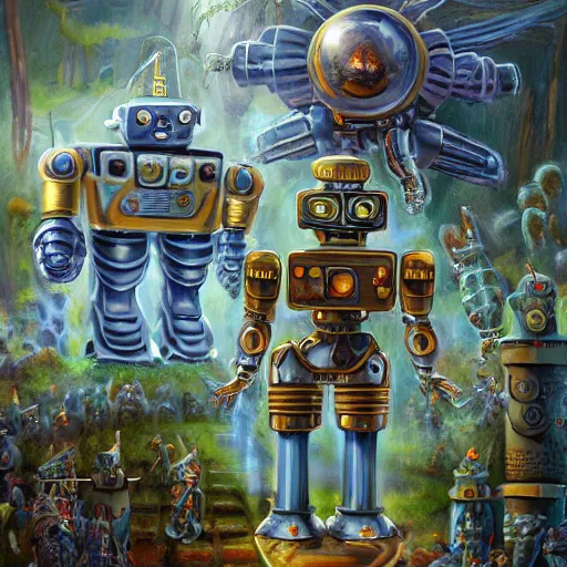 Image similar to On the morning of the robot queen's coronation, shadows of the past, The Mekanik Doll, chubby moss kitten, by jeff easley and Dylan Kowalski, highly detailed, digital painting, HDRI, by vivid colors, high contrast, 8k resolution, intricate, beautiful and thematically complex, smooth